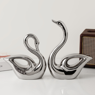 饰品 现代轻奢极简镀银天鹅摆件酒柜办公室书房玄关客厅家居软装