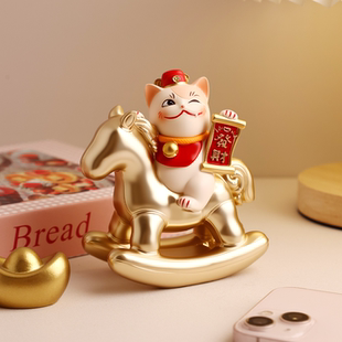 创意招财猫木马摆件新中式高级感办公室工位装饰品送朋友开业礼物