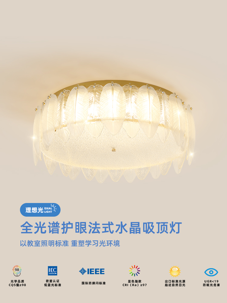 豪华水晶创意羽毛吸顶灯全光谱护眼霜风格主卧室书房灯