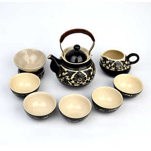 磁州窑邯唐茶具黑釉刻花牡丹提梁壶套装陶瓷茶杯邯郸特产伴手礼品