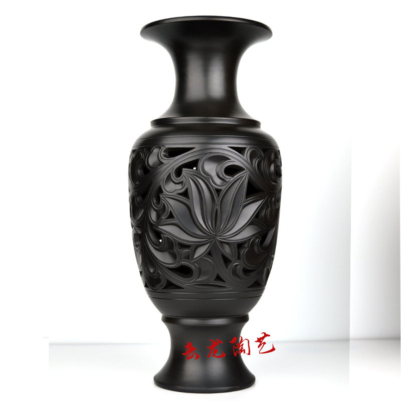 黑陶中号大花瓶纯手工雕刻陶瓷工艺品家居装饰品摆件镂空菊花图案