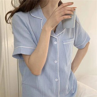 少女软糯棉麻料睡衣女夏天新款ins风纱布短袖短裤甜美家居服套装