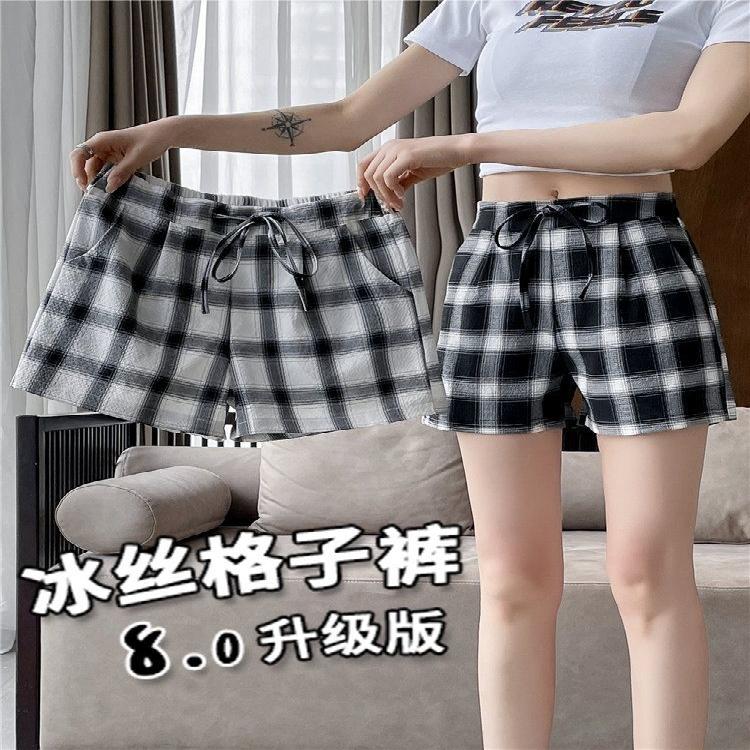 显瘦阔腿短筒阔宽松直筒腰显五分中裤款高女夏季运动格子短裤薄款