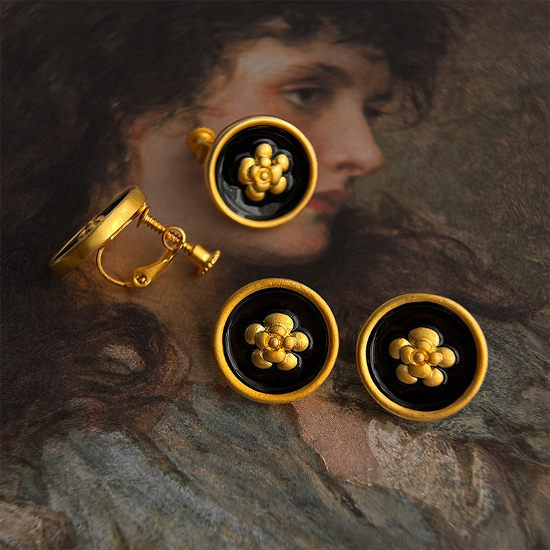 中古耳饰Vintage小香风哑光黑金花朵耳钉气质通勤百搭耳环耳夹款,饰品/流行首饰/时尚饰品新,耳环,淘宝优惠券,粉丝福利购,淘宝优惠卷