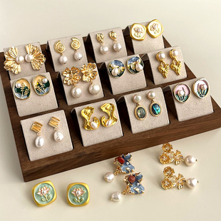 天然淡水真珍珠耳环莫奈花园油画感法式 中古风耳饰 轻奢耳钉时尚