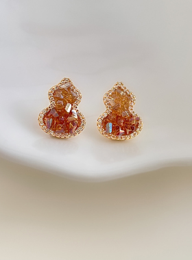 闭眼入！925银针玻璃水晶葫芦耳钉锆石橙色渐变香槟色耳饰耳夹