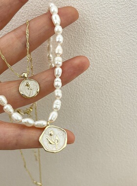 淡水真珍珠项链锁骨链法式高雅珠光白色珐琅复古玫瑰花金币颈链女