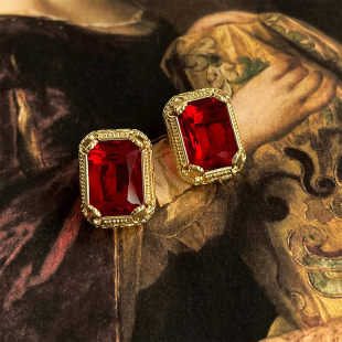 中古风饰品Vintage耳饰红色方形水晶耳钉法式 宫廷宴会高级感耳环