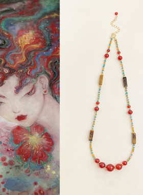 新中式原创手作虎眼石红玛瑙项链国风汉服复古文艺串珠锁骨链古风