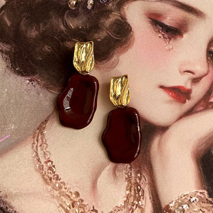 酒红色复古时尚 耳环银针中古vintage高级感港风气质夸张耳饰耳钉