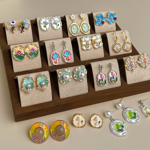 随视觉中古饰品珐琅花朵银针耳环