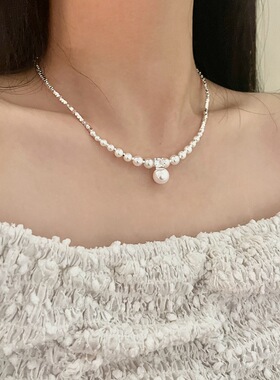 新款珍珠拼接碎银子项链锆石个性高级感气质颈链轻奢小众锁骨链