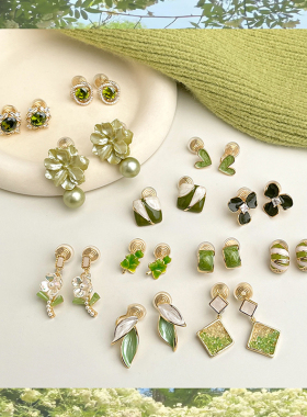 「绿意油画」绿色系耳夹无耳洞耳饰森系甜美花朵蚊香盘耳夹小清新