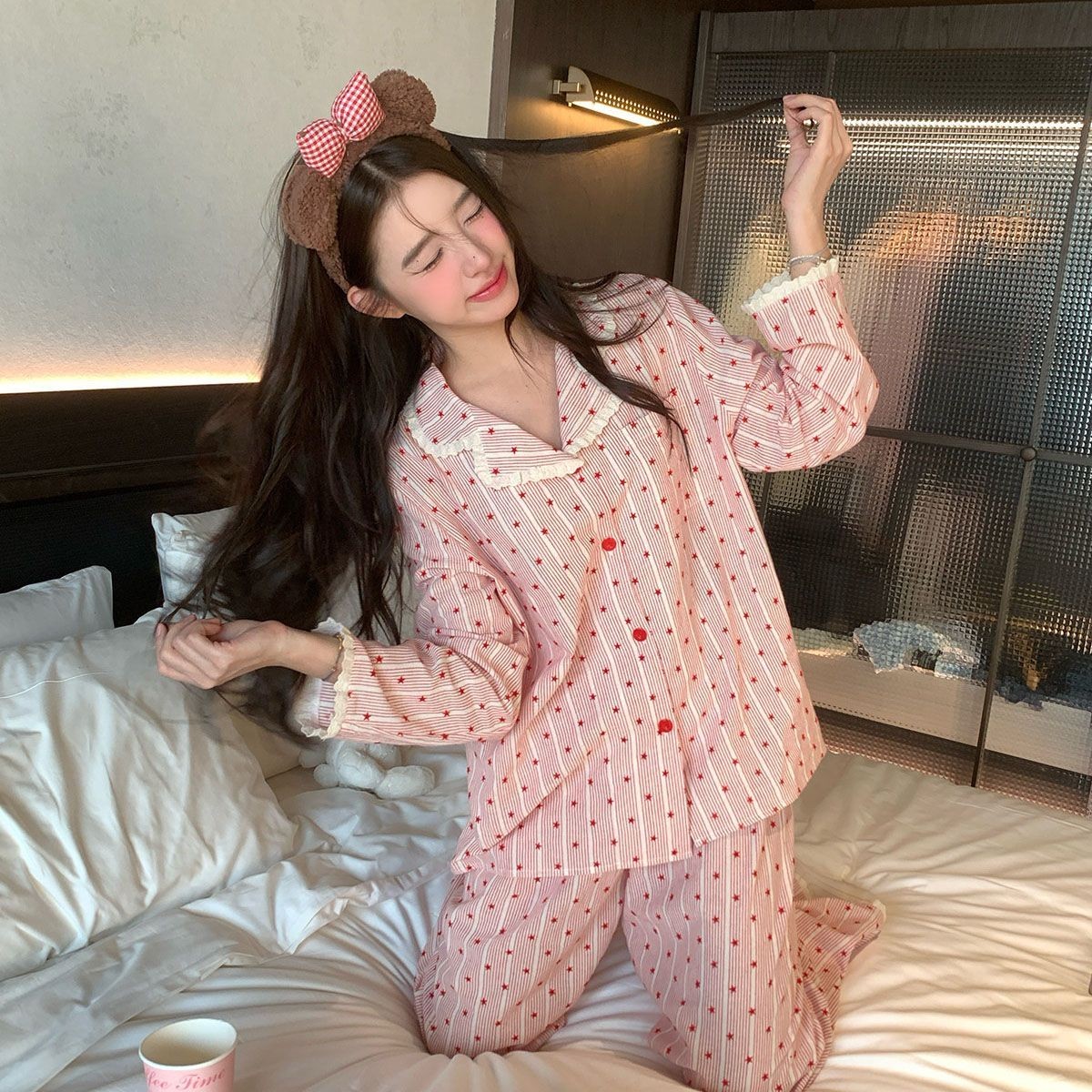 甜美蕾丝边撞色星星条纹印花睡衣女春秋季2026新款舒适高级感套装