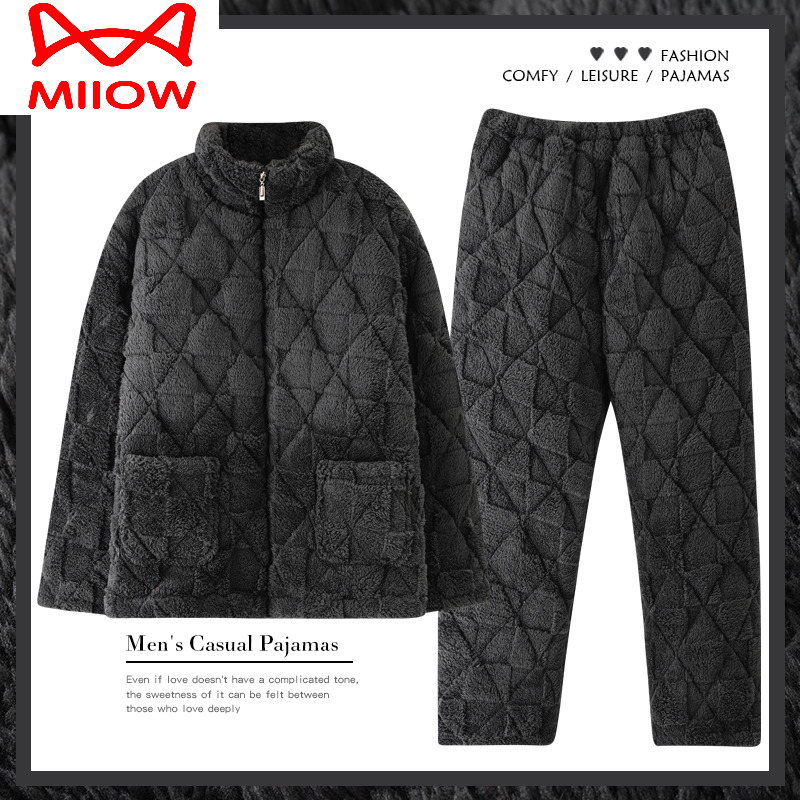 冬季三层法兰绒睡衣猫人男士