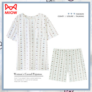 夏天休闲可外穿夏款 猫人睡衣女士夏季 薄款 短裤 家居服 纯棉短袖