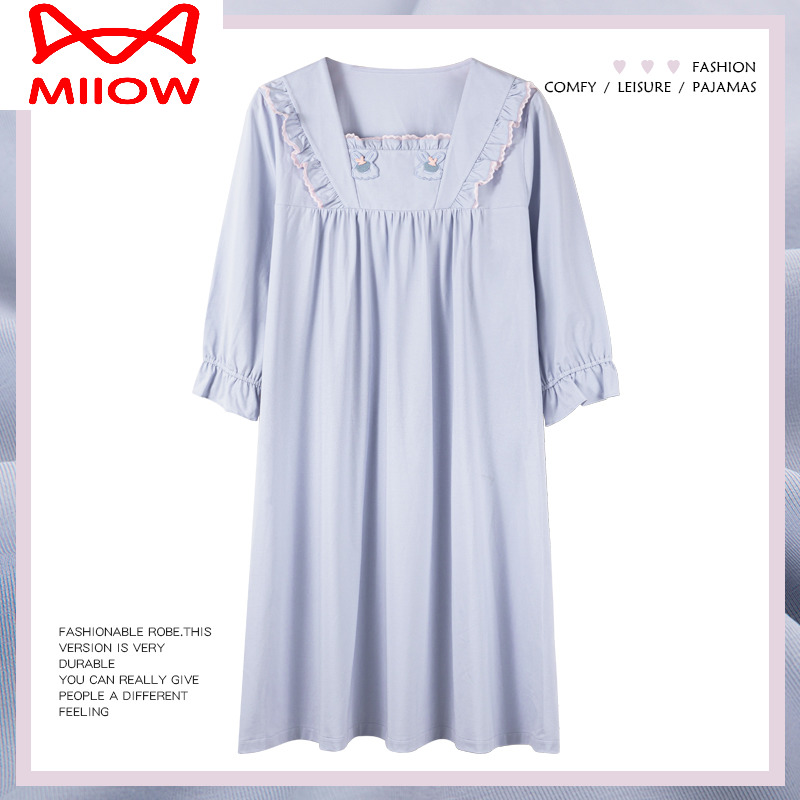 猫人纯棉九分袖睡裙女甜美风