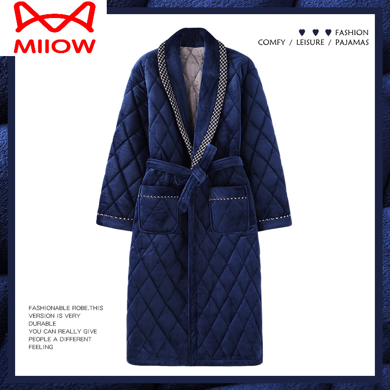 猫人珊瑚绒夹棉加厚睡袍男款