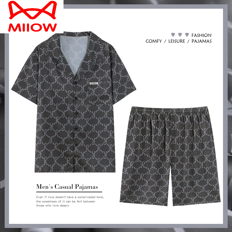 夏家居服套装冰丝睡衣猫人男