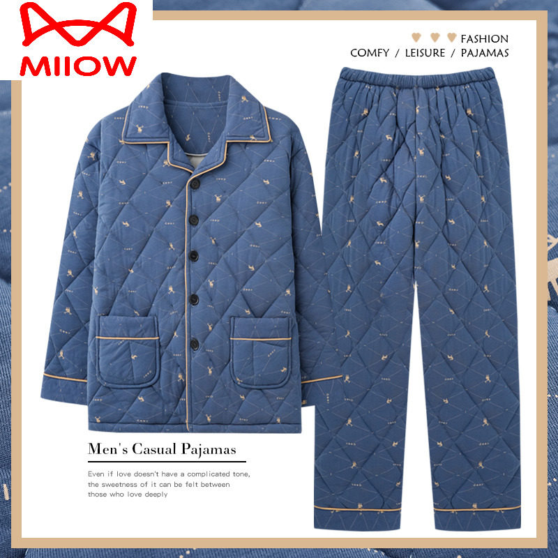 猫人男睡衣冬季纯棉夹棉三层加厚加棉保暖全棉秋冬家居服套装