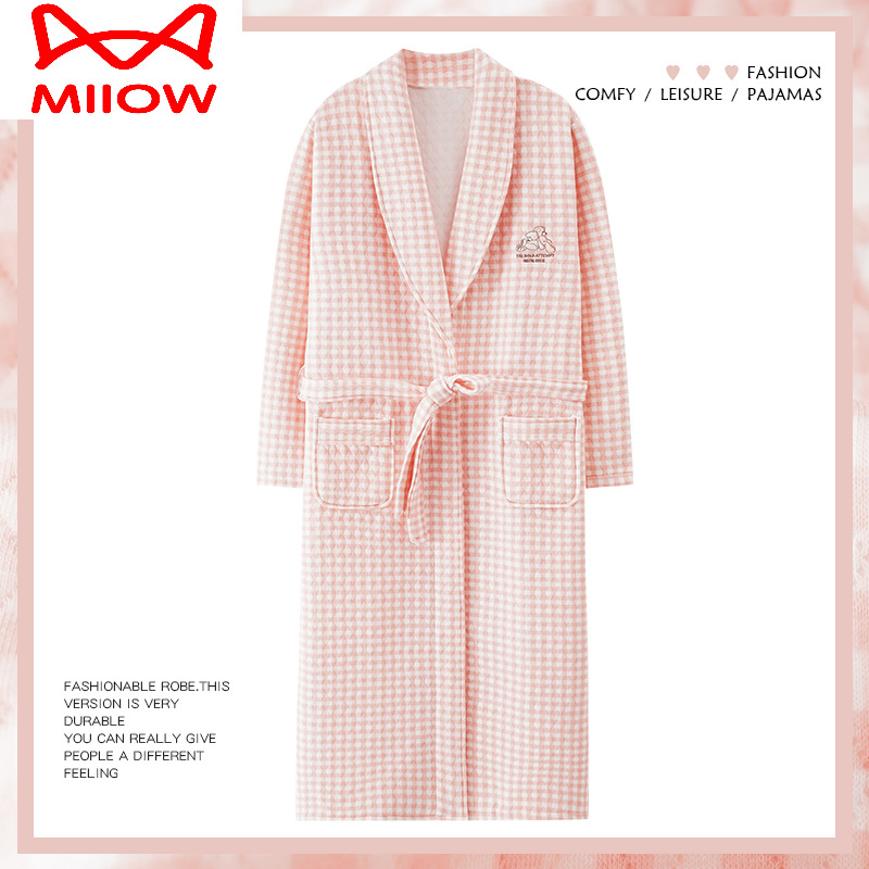猫人睡袍女睡衣春秋加厚纯棉长袖秋冬季薄款夹棉浴袍浴衣长款