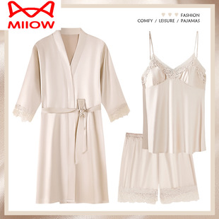 猫人三件套装睡袍吊带短裤睡衣女夏季冰丝真丝绸带胸垫家居服