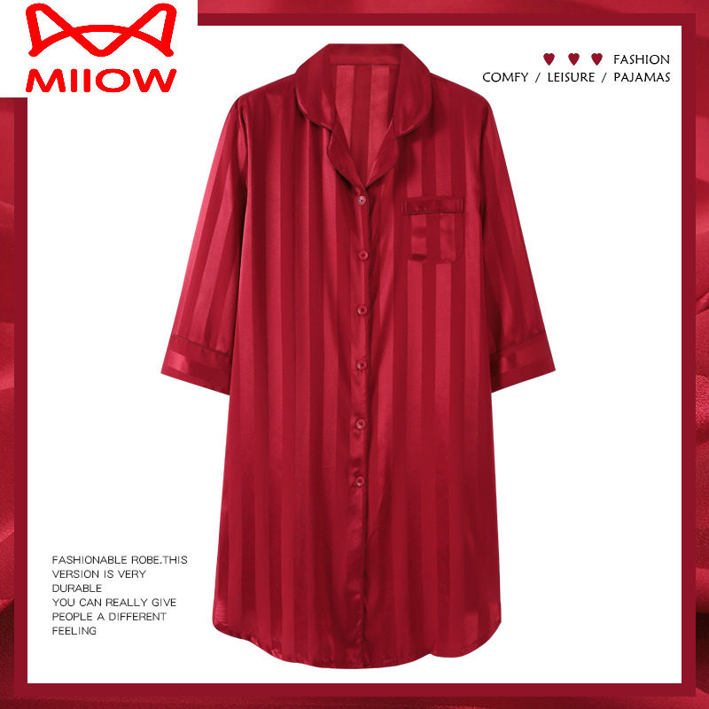猫人睡裙女睡衣春夏冰丝春秋薄款衬衫仿真丝绸红色本命年长款