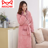 猫人睡袍女珊瑚绒三层夹棉加厚加绒长款 浴袍睡衣法兰绒秋冬款