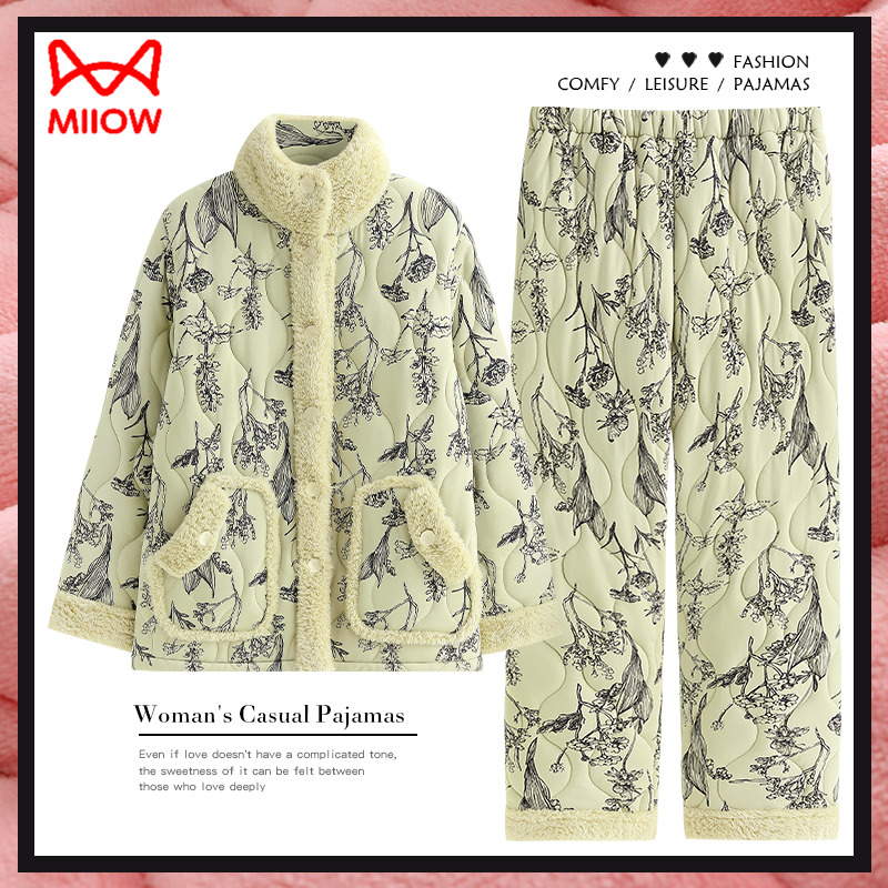 秋冬季纯棉夹棉睡衣猫人女士