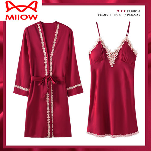 猫人两件套新婚冰丝睡袍女
