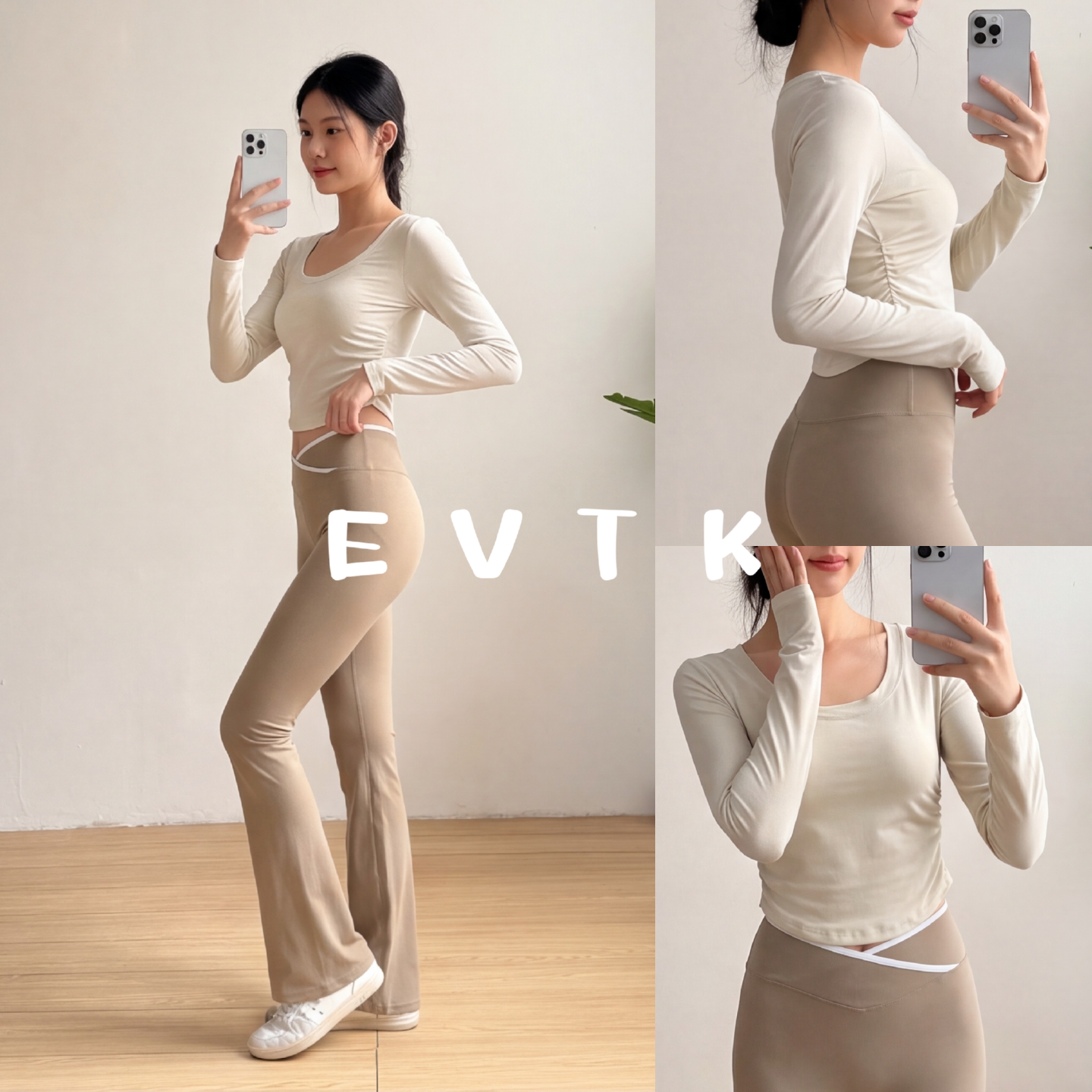 女式舞蹈服套装女圆领短款长袖百搭交叉高腰微喇裤显瘦形体练功服