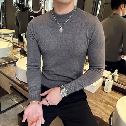半高领毛衣男士秋冬季加绒加厚中领打底衫纯色内搭修身棉羊毛线衣