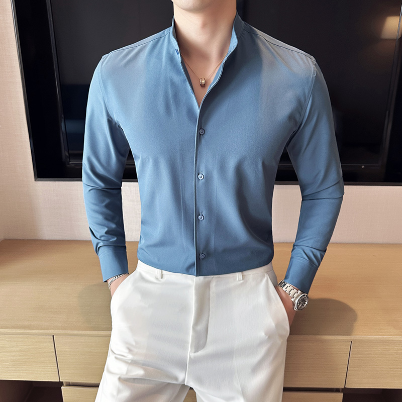 小立领长袖衬衫男士长袖
