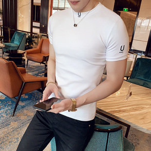t恤男士 健身衣服潮流纯棉紧身黑白体恤衫 夏季 印花修身 男 半袖 短袖