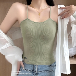 搭配开衫 女吊带螺纹棉背心纯色简约学生修身 带文胸甜美无袖 打底衫