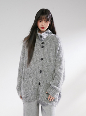 King Prince春季新款慵懒风高领毛衣外套女宽松短外套灰色针织衫