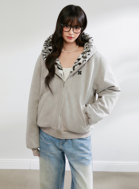 King Prince豹纹兔耳朵夹棉外套卫衣绒衫秋冬新款保暖加绒上衣