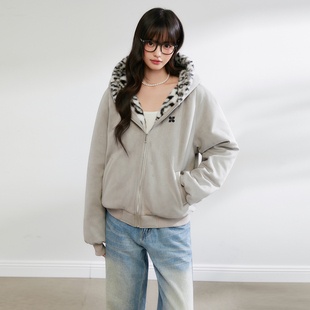 保暖加绒上衣 秋冬新款 King Prince豹纹兔耳朵夹棉外套卫衣绒衫