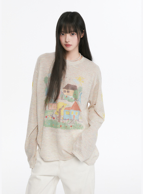 King Prince美式复古趣味涂鸦提花长袖防晒衫女罩衫宽松显瘦上衣