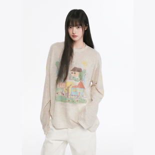 King Prince美式复古趣味涂鸦提花长袖防晒衫女罩衫宽松显瘦上衣