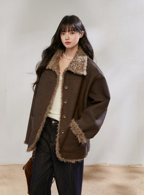 King Prince美式复古皮毛一体外套女秋冬季羊羔毛双面穿机车服潮