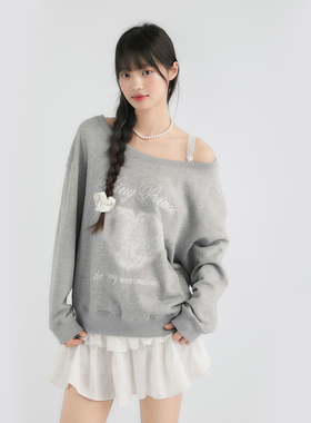 King Prince法式少女文艺斜肩卫衣秋季休闲长袖露肩一字肩上衣ins