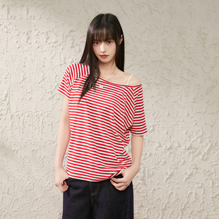 T恤女夏季 斜肩条纹短袖 红白显瘦休闲一字肩上衣 Prince韩式 King