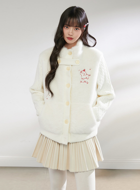 King Prince可爱少女拼接毛绒上衣开衫加绒加厚秋冬软糯温柔外套