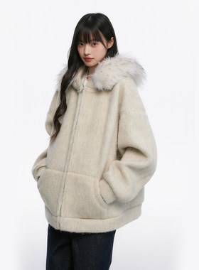 King Prince毛呢毛领夹克外套卫衣小个子冬季新款休闲开衫上衣女