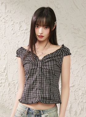 King Prince一字肩飞袖V领短袖衬衫女bm木耳边单排扣上衣T恤小衫