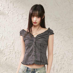 King Prince一字肩飞袖V领短袖衬衫女bm木耳边单排扣上衣T恤小衫