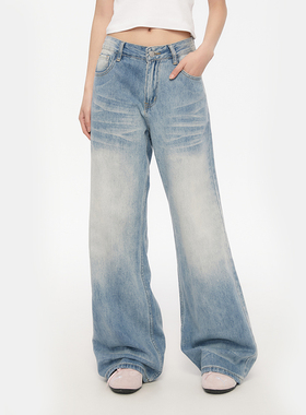 King Prince折痕水洗纹牛仔裤浅蓝色做旧宽松男女美式复古直筒裤