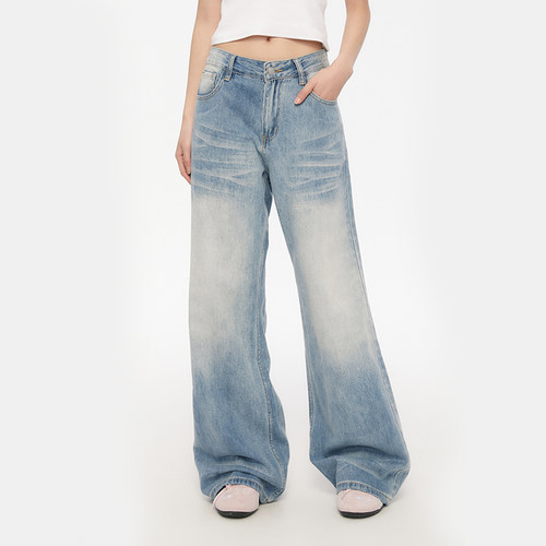 King Prince折痕水洗纹牛仔裤浅蓝色做旧宽松男女美式复古直筒裤