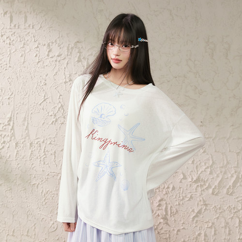 King Prince莱赛尔天丝手绘贝壳海星长袖T恤女春夏防晒罩衫女上衣